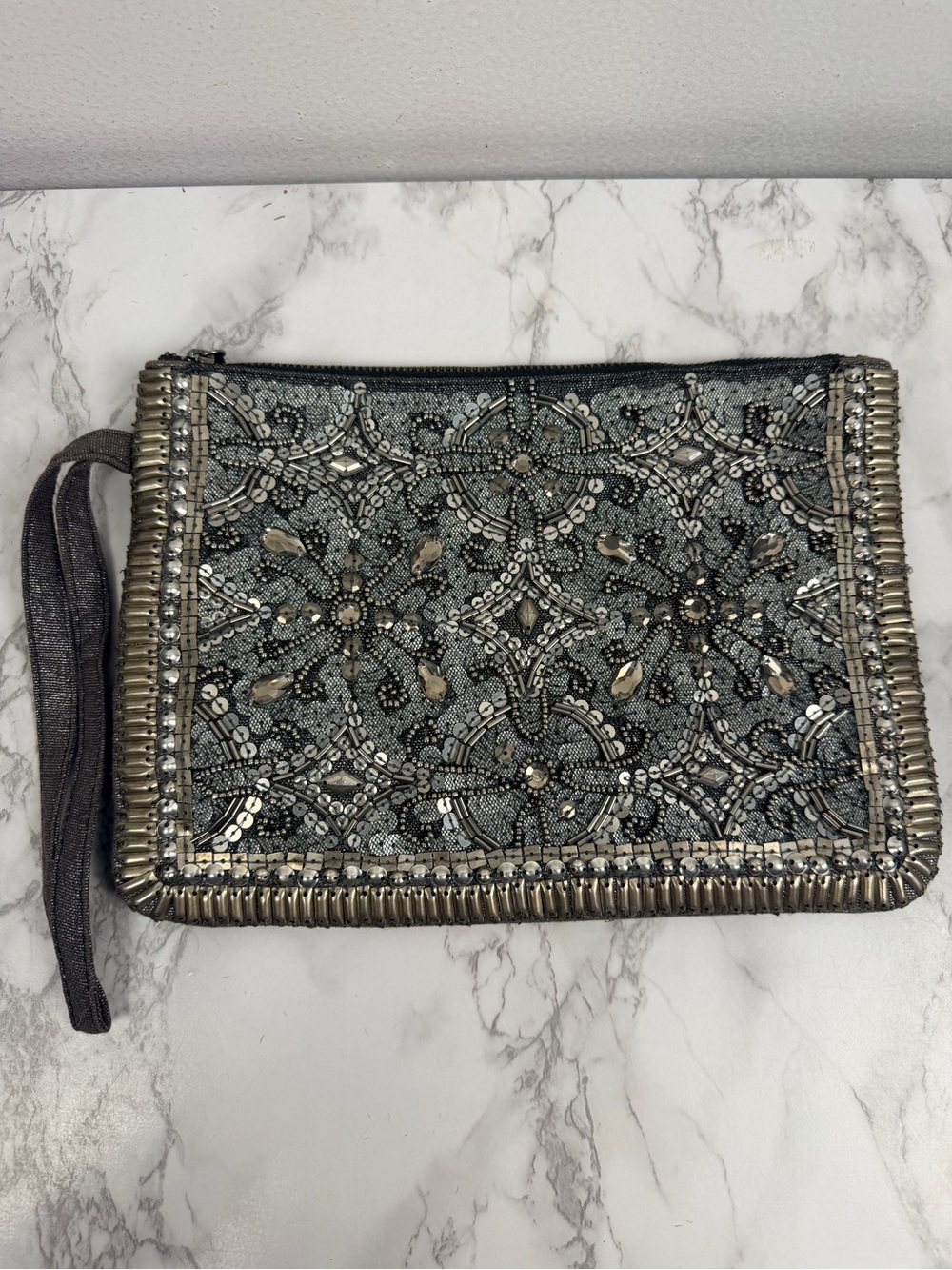 Chico's Nadine Beaded and Sequined Clutch Purse 100% cotton grey